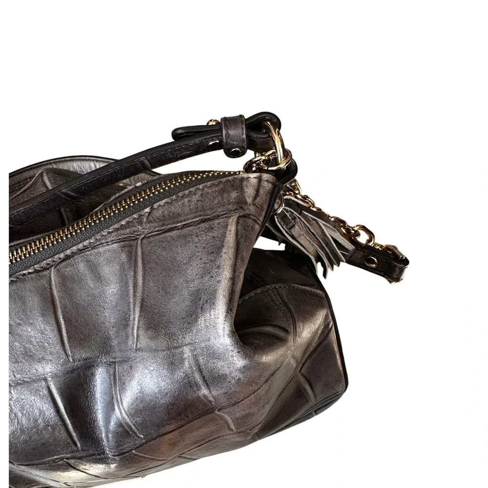 Brahmin Grey Croc Embossed‎ Leather Shoulder Bag Gold Chain Tassel Accent